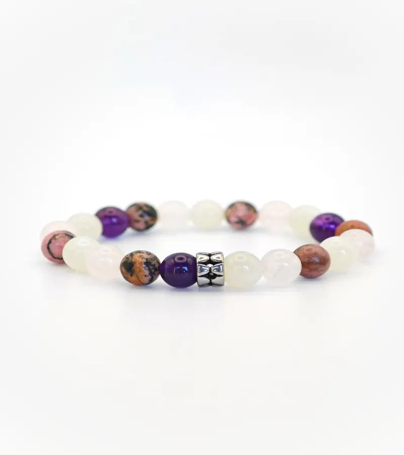 Bracelet "Mira" Rhodonite Quartz rose Pierre de Lune Améthyste