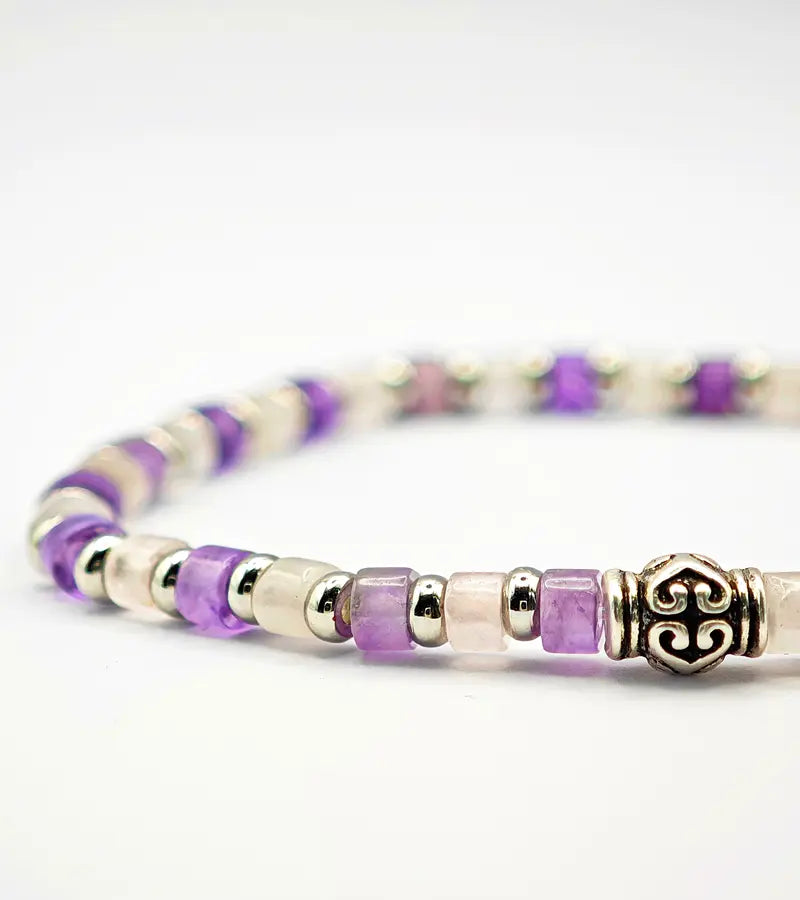 Bracelet "Harmonie" en Améthyste et Quartz rose 4mm