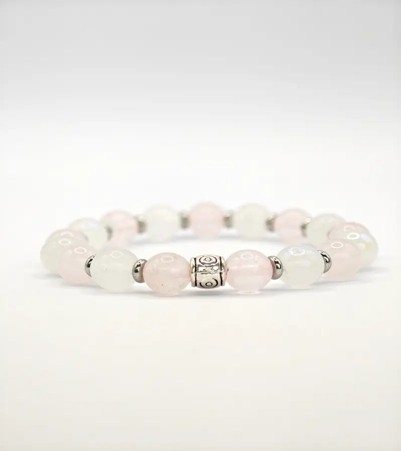 Bracelet en Quartz rose et Pierre de Lune Arc en ciel